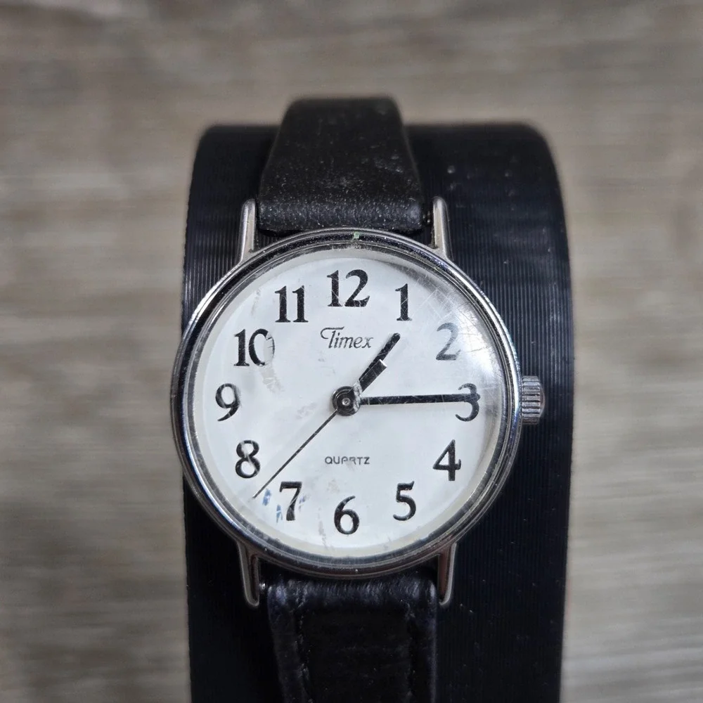 Timex Petite Women's Watch Silver Tone Black Leather Strap 377 BA Tested
